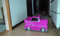 Video gif. Housecat fiddles with a hot pink car-shaped cardboard box in a hallway.
