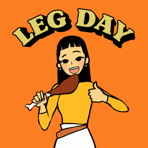 Illustrated gif. Woman gives a thumbs up as she chows down on a turkey leg. Text, "Leg day."