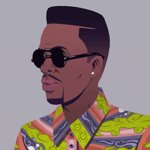 Digital Art gif. Animated drawing of DJ Jazzy Jeff from Fresh Prince of Bel-Air poses stoically as his sunglasses reflect moving light.