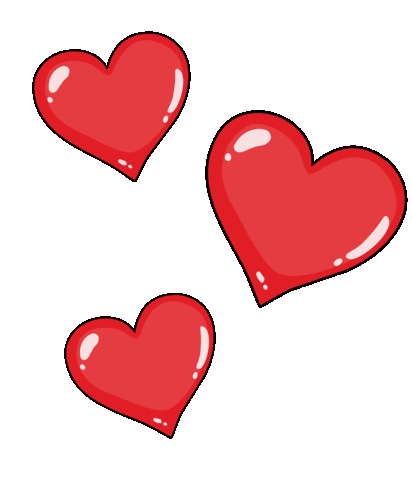 Sticker gif. Three 2D animated hearts, glossy and red, beating out of time with each other.