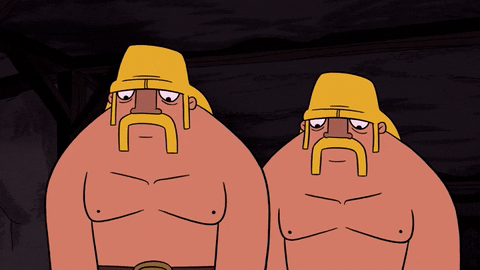 Cartoon gif. Two shirtless mustached barbarians from Clash Royal wearing gold helmets slide their eyes toward each other and smile, then shrug in unison.