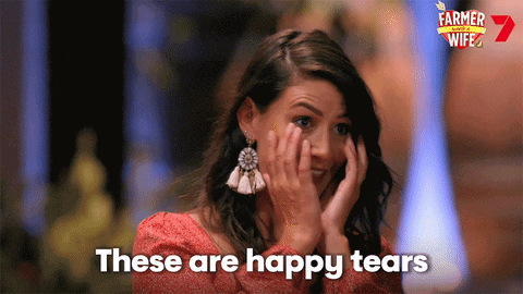 Reality TV gif. Stacey on Farmer Wants a Wife wipes her eyes as she smiles and says, "These are happy tears."