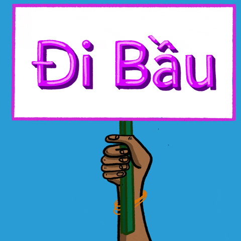 Digital art gif. Hand with medium-tone skin wearing gold bracelets waves a sign up and down against a light blue background. The sign reads “Go Vote” in Vietnamese.