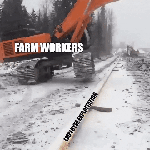 Meme gif. Excavator machine uses its arm to leverage itself and avoid falling onto a pipe laid across the ground. The machine is labeled "farm workers," the arm is labeled "Dolores Huerta," and the pipe is labeled "employee exploitation."
