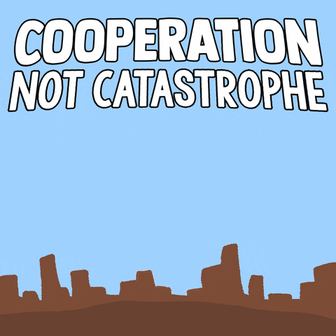 Digital art gif. Cartoon animation of a mushroom cloud exploding and then dispersing into little birds flying away amid a blue sky and a city in the distance. Text, "Cooperation not catastrophe."