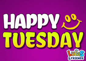 Text gif. Text reading, "Happy Tuesday" is written in all caps against a grape purple backdrop, and a yellow smiley face and white glimmers are animated next to it. 