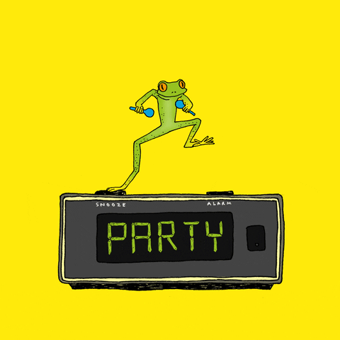 Digital art gif. A long legged frog holds maracas as it dances on top of an alarm clock that flashes the word, "Party".