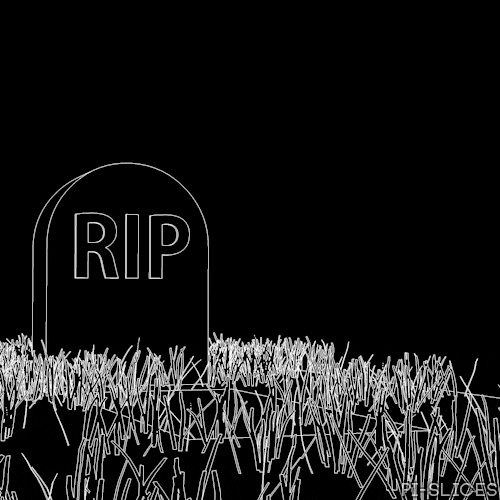 Cartoon gif. Wireframe animation over a black background shows a perfect loop of a person diving into a grave, like a swimmer into a pool. The headstone displays, "RIP."