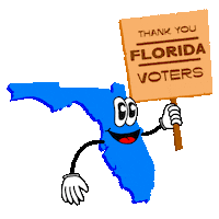 Digital art gif. Electric blue graphic of the anthropomorphic state of Florida holding an apricot orange picket sign that reads "Thank you Florida voters!"