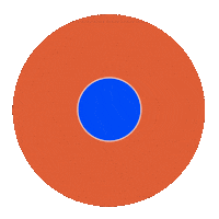 Digital art gif. The letters W and M sit inside a circle made up of blue circles that appear one after the other in a rotation. Inside the circles are different words: "Stamina," "Compassion," "Joy," "Care," and "Endurance." Everything is inside a bright orange circle.