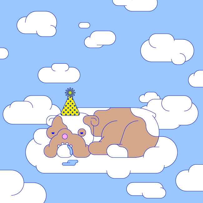 Illustrated gif. Dog wearing a party hat drools as it lounges on a cloud floating through the sky. A rainbow arching overhead reads, "Yeah!"