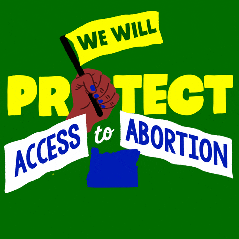 Text gif. Brown hand with blue fingernails in front of kelly green background waves a yellow flag up and down that reads, “We will,” followed by the text, “Protect access to abortion. Oregon.”