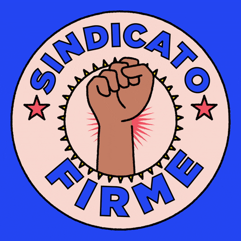Digital art gif. Circular sticker features a brown fist pumping up and down as starbursts explode behind it against a bright blue background. Text, “Sindicato firme.”