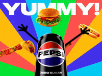 Sponsored gif. Can of Pepsi spins in place while food items rotate around it. The food items include a cheeseburger, a hotdog, a taco, a chicken wing, and a kabob. Text reads, “Yummy!”