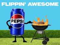 Sponsored gif. Can of Pepsi flips a burger patty over a flaming grill. Text reads, “Flippin’ awesome.”