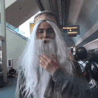 Video gif. Attendee strokes the beard of a Dumbledore cosplay, as if thinking, at San Diego Comic Con 2016.