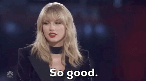 TV gif. Taylor Swift on The Voice glances to the side as she shakes her head and says, "So good."