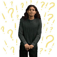 Video gif. Man leans on a cane as he bends forward with an exasperated expression and says, "O M G," which appears as text floating out of his mouth. Pastel yellow question marks and exclamation points quiver in the transparent background around him.