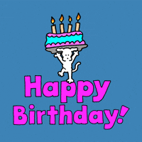 Illustrated gif. Chippy the Dog holding a large colored birthday cake above their head, tapping their toes excitedly, even into a flying split, atop a big message in fuschia block letters that light up yellow syllable by syllable for emphasis. Text, "Hap pee Birth day!"