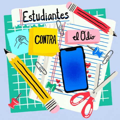 Digital art gif. Green graph paper, white lined notebook paper, yellow post-its, a pink eraser, a smartphone, a yellow pencil, red scissors, and other school supplies lie on top of a light blue background. Text, “Estudiantes contra el odio llama 211.”