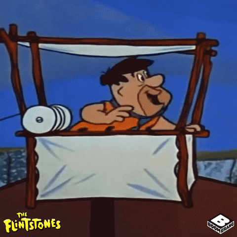 Flintstones gif. Fred Flintstone excitedly leaps out of his work-truck cabin that's attached to a dinosaur, surfs down the long tail, and hops into his car.
