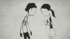 Illustrated gif. Woman places a heart-shaped piece in the hole of a man's chest. The heart turns red and she kisses him on the cheek as he smiles.