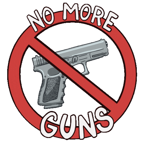 Digital art gif. A red circle with a slash through it is superimposed over an illustration of a handgun. Text on the outside of the red circle reads, "No more guns."