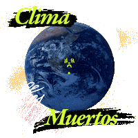 Digital art gif. Line drawing of a sugar skull materializes atop the Earth suspended in space, atmosphere dusty and stale, a collaged message in Spanish, "Clima de Los Muertos."