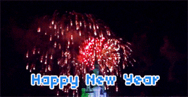 Video gif. Bright red sunburst fireworks light up the sky behind a castle. Text, "happy new year."