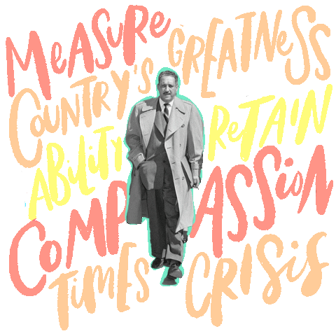 Digital art gif. Black and white photo of Thurgood Marshall surrounded by pink, orange, and yellow script that reads, "The measure of a country's greatness is it's ability to retain compassion in times of crisis, Thurgood Marshall."