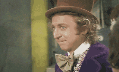 Movie gif. Gene Wilder as Willy Wonka raises his elbow and rests his head against his hand, nodding and smiling with interest.