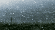 Video gif. Snow falls heavily on a hilly landscape.