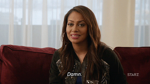 TV gif. Sitting on a couch, La La Anthony as Lakeisha in Power shakes her head and frowns slightly disappointed, saying "damn," which appears as text.