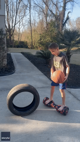 9-Year-Old Basketball Player Lands Trick Shot Using Car Tire and Hoverboard