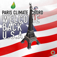 Digital art gif. Stick figure with American flag mask hangs onto the side of the Eiffel Tower, which spins around, floating above a flowing American flag background. Text, "Paris Climate Accord, Welcome Back U.S.A."