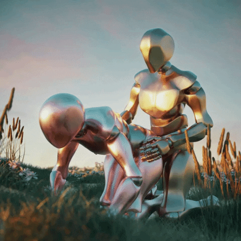 Digital art gif. Two robots are having sex, doggy style, during sunset in a open field.