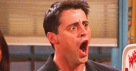 Friends gif. Matt LeBlanc as Joey looks shocked to right of frame, then looks slightly less shocked as he turns to us.
