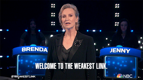 Reality TV gif. Jane Lynch as host of The Weakest Link welcomes viewers and we zoom out to view the whole set. Text, "welcome to the Weakest Link."