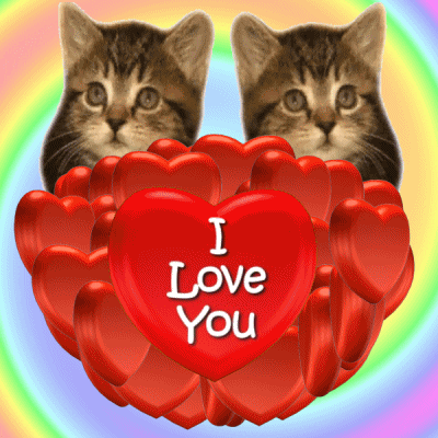 Digital art gif. A bunch of computer generated hearts spin, with a background of spiraling rainbows. Two kittens sway back and forth above the hearts. A large heart in the middle has text on it, "I love you."