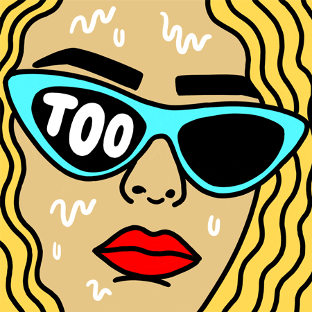 Illustrated gif. Closeup of a face with red lips and bright teal cat eye sunglasses, framed with pulsing blonde waves. Text, "Too hot."