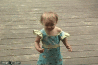 Video gif. Blonde baby wearing a dress stands on a deck and says, "I want my money!!" which appears as text.