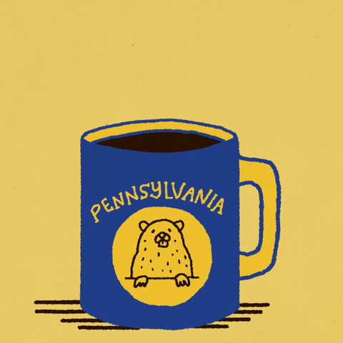 Digital art gif. Blue mug full of coffee featuring a beaver labeled “Pennsylvania” rests over a yellow background. Steam rising from the mug reveals the message, “Vote early.”