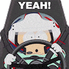 South Park gif. Closeup of Eric wearing a helmet and driving suit as he steers a car and squeezes his eyes shut while shouting. Text, "Yeah!"