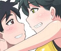 Anime gif. Smiling teenage girl leans in to kiss a teenage boy. We zoom out to see that he is holding her in his arms at the beach in front of a heart-shaped sunset.