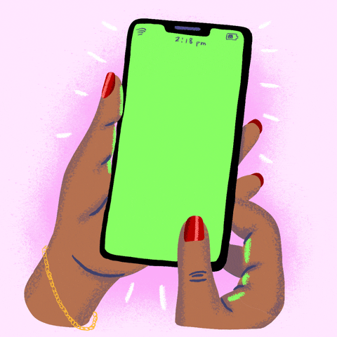 Digital art gif. A cartoon manicured hand holds a vibrating cartoon cell phone, with a notification on the screen that reads, "Reminder: abortion is healthcare," all against an ombre pink background.
