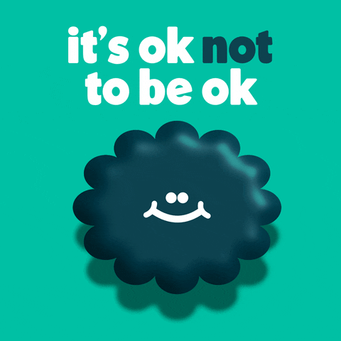 Digital art gif. Illustration of a dark blue cloud with a dark green shadow and a smiling faces bounces gently up and down. Text, "It's ok not to be ok." Everything is set against a bright teal background.