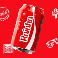 Sponsored gif. A red can of Coca-Cola with the name "Rainha" slides in from the left, pauses, and slides to the right offscreen. Coca-Cola logos on bottle caps and sunglasses are in the background.