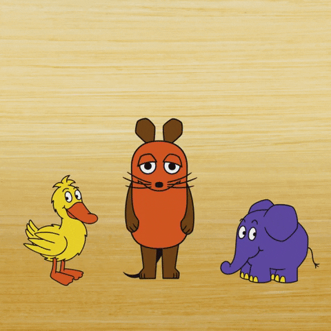 Cartoon gif. Yellow duck, orange mouse, and purple elephant all look at each other as the elephant proudly shoots confetti out of its trunk and into the air. Duck and mouse throw their hands up like they are filled with joy. 