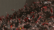 Video gif. Fans of the Liverpool Football Club stand up and cheer.