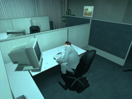 Digital art gif. Man flops and flails his arms around wildly sitting in his cubicle, causing his keyboard and computer to fly off the desk.